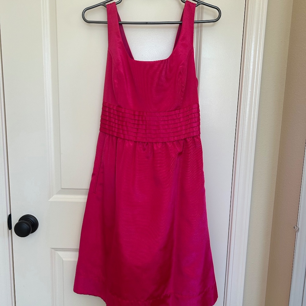Shoshanna Dress Sleeveless Fit & Flare Hot Pink Pockets Pleating Taffeta 12